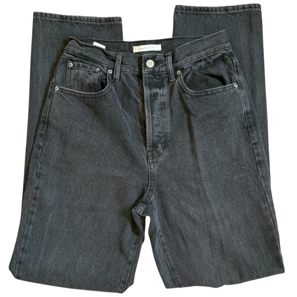 PacSun Women's Washed Black Straight Leg Jeans with knee rips